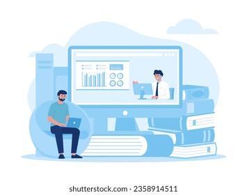 A man learning business data, online lesson via computer screen
 trending concept flat illustration