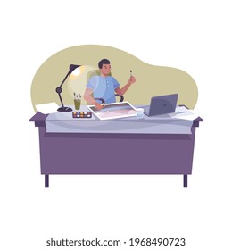 Man learning to draw watching educational video online flat vector illustration