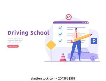 Hombre aprendiendo a conducir un auto en el curso. Prueba de escuela automática. Concepto de escuela de conducción, licencia de conducir, examen de conducción o práctica. Ilustración vectorial en diseño plano para banner web, aplicación móvil