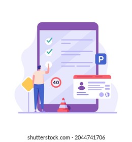 Man Learning To Drive A Car On Driver Course. Auto School Online Test. Concept Of Driving School, Driver’s License, Driving Exam. Vector Illustration In Flat Design For Web Banner, Mobile App