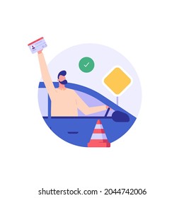 Man learning to drive a car on driver course. Auto school practice. Concept of driving school, driver’s license, driving exam or test. Vector illustration in flat design for web banner, mobile app