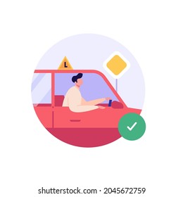 Man learning to drive a car on driver course. Auto school practice. Concept of driving school, driver’s license, driving exam or test. Vector illustration in flat design for web banner, mobile app