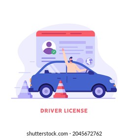 Man learning to drive a car on driver course. Auto school practice. Concept of driving school, driver’s license, driving exam or test. Vector illustration in flat design for web banner, mobile app