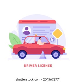 Man learning to drive a car on driver course. Auto school practice. Concept of driving school, driver’s license, driving exam or test. Vector illustration in flat design for web banner, mobile app