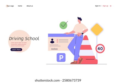 Man learning to drive a car on driver course. Auto school test. Concept of driving school, driver’s license, driving exam or practice. Vector illustration in flat design for web banner, mobile app