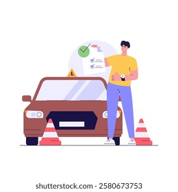 Man learning to drive a car on driver course. Auto school test. Concept of driving school, driver’s license, driving exam or practice. Vector illustration in flat design for web banner, mobile app