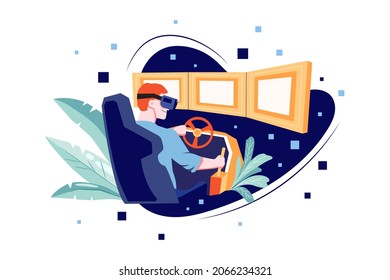 Man learning Driving using VR Tech Illustration concept. Flat illustration isolated on white background.