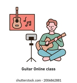 A man is learning guitar while watching an online class. outline simple vector illustration.