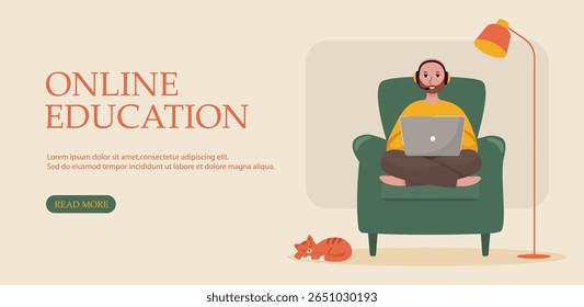 Man learning from home in cozy armchair with laptop. Flat illustration banner for online education, digital training and remote study.