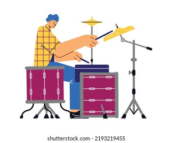 Man learning to play drums and cymbals, flat vector illustration isolated on white background. Cartoon character of rock band member playing drums during performance.