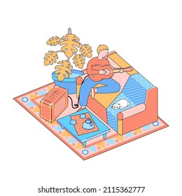 man learning to play the electric guitar. a man plays the guitar at home. musical hobby. vector isometric illustration