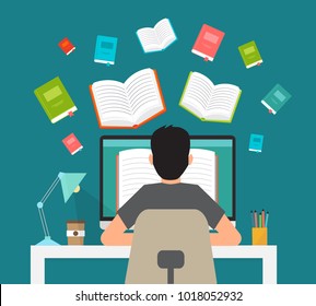 Man In Learning Process. Man Sitting Behind His Desk Studying Online Using His Computer Flat Vector Illustration