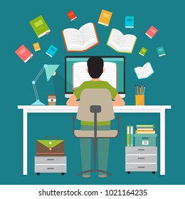 Man in learning process. Man sitting behind his desk studying online using his computer flat vector illustration