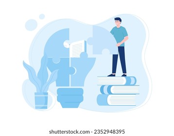 man learning to put together a puzzle trending concept flat illustration