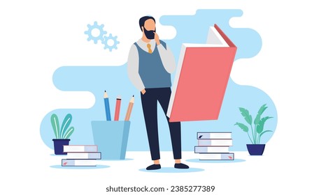 Man learning and reading book - Adult person standing concentrated while gaining knowledge and taking education. Flat design vector illustration with white background