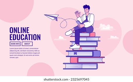 Man learning and sitting on big books. User Reading Guidebook and Writing Technical Instructions. Online library. People reading books. Online book store, library and education flat concept.