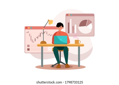 Un hombre aprendiendo el mercado de valores. Concepto de Ilustración vectorial.