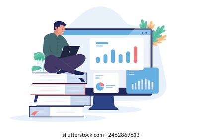 Man learning and studying business charts and graphs while sitting on stack of books with laptop, working and reading. Research and education concept in flat design vector illustration