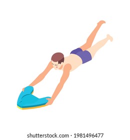 Man learning to swim with colorful kickboard isometric vector illustration