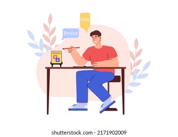 Man learns a foreign language online on multilingual mobile platform, flat cartoon vector illustration isolated on white background. Online foreign language learning.