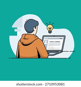 Man learns online using laptop from home concept with an idea bulb glowing above. Online learning platform and education technology. Concept of e-learning, distance education, remote school.