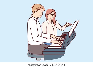 Man learns to play piano with woman teacher who tutors and gives private lessons. Future musician plays piano to become professional composer or perform at concerts in front of audience