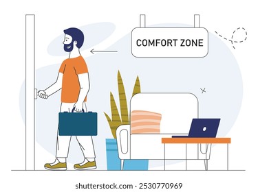 Man leave comfort zone. Young guy with briefcase leaves room. Self development and improvement. Confidence and courage, brave. Linear vector illustration isolated on white background