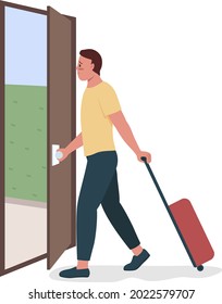 Man Leaves Home Semi Flat Color Vector Character. Abandoning Family. Full Body Person On White. Starting New Life Isolated Modern Cartoon Style Illustration For Graphic Design And Animation