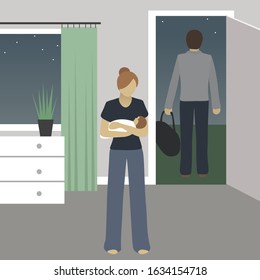 Man leaves home and throws his wife with newborn baby flat vector illustration. Abandoned woman concept. 