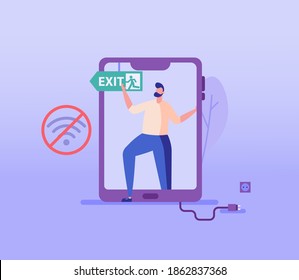 Man leaves a smartphone in a zone without gadgets. Concept of digital detox, disconnecting, mediastika, device free zone, internet addiction, phubbing. Vector illustration in flat design. 