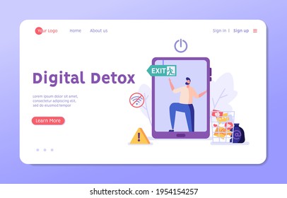 Man leaves a smartphone in a zone without gadgets. Concept of digital detox, disconnecting, abandoning internet, device free zone, internet addiction, no mobile. Vector illustration in flat design.