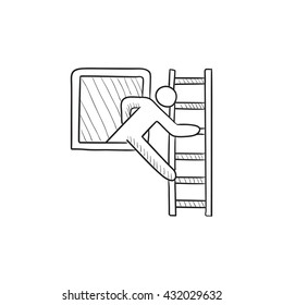 Man leaving building through window vector sketch icon isolated on background. Hand drawn Man leaving building through window icon. Man leaving building sketch icon for infographic, website or app.
