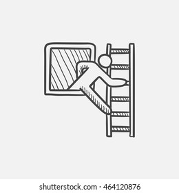 Man leaving the building through the window and coming down the stairs sketch icon for web, mobile and infographics. Hand drawn vector isolated icon.