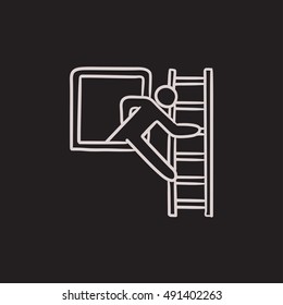 Man leaving building through window vector sketch icon isolated on background. Hand drawn Man leaving building through window icon. Man leaving building sketch icon for infographic, website or app.