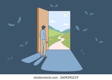 Man leaving dark room with monsters, opening door to street with sunny nature and path leading into horizon. Guy leaving building symbolizes getting rid of problems and finding way for happy future