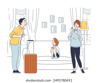 Man leaving family. Young guy packs his things into suitcase and leaves apartment. Husband and wife arguing. Scandal and conflict. Negative feelings and emotions. Linear vector illustration