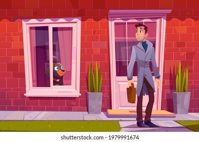 Man Leaving Home With Dog See Off Him Through The Window. Owner Male Character Holding Bag Going At Work, Dog Waiting At Home. Friendship And Love To Domestic Animal, Cartoon Vector Illustration