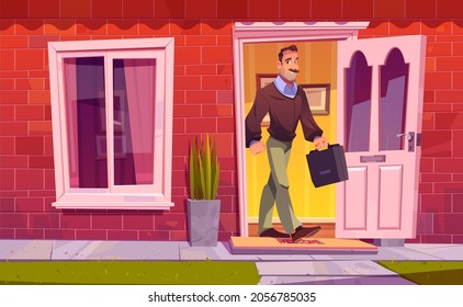 Man Leaving Home And Going To Work. Vector Cartoon Illustration With Adult Character With Briefcase Exits House Through Open Door. Residential Building Facade With Brick Wall, Window And Plants