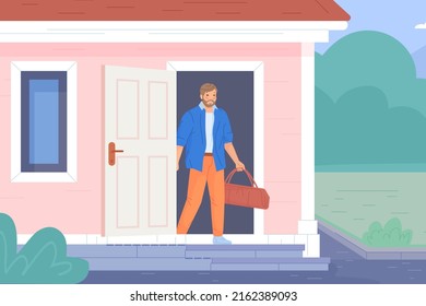 Man Leaving House. Father Go To Work, Professional Businessman Entrance From Cottage Home, Male Character Bag Briefcase Open Door Residencial Building, Vector Illustration. Man Leaving Apartment