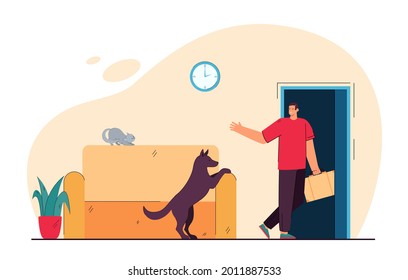 Man leaving house and his pet alone. Flat vector illustration. Dog seeing off his master leaving house with suitcase in hand. Devotion, waiting, separation, care, responsibility, animal, pet concept