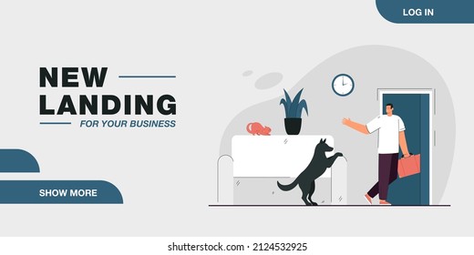 Man leaving house and his pet alone. Flat vector illustration. Dog seeing off his master leaving house with suitcase in hand. Devotion, waiting, separation, care, responsibility, animal, pet concept