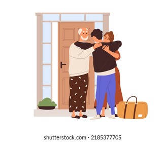 Man leaving native parents house. Mother, father seeing adult son off, hugging before separation, moving from home. Mom, dad and student at door. Flat vector illustration isolated on white background