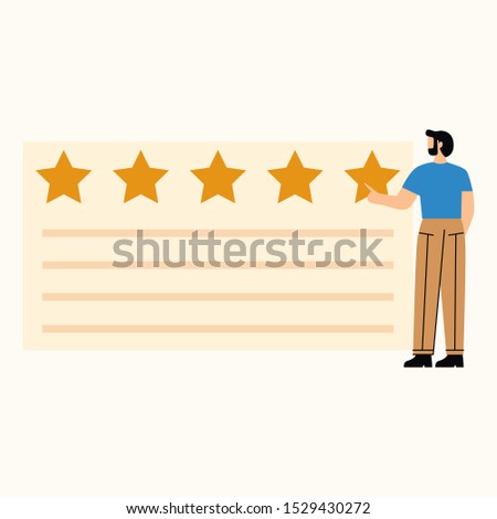 Man leaving positive feedback giving five stars. Clients testimonials concept. Flat vector illustration