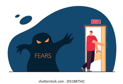 Man leaving room full of fears. Flat vector illustration. Man leaving through door with inscription exit away from frightening thoughts. Motivation, decision, courage, determination, exit concept