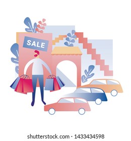 Man leaving Shopping Mall with Paper Bags, Sale and Holiday Discounts Cartoon. Guy Taking Part in Seasonal Promotional Offer at Store. Flat Vector Shop Building and Parking Illustration