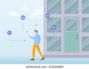 Man leaving work and being bombarded by intrusive calls, audio, video, and email messages on his smartphone. Showing the overwhelming and constant pressure of digital communication in modern life