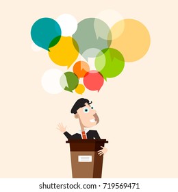 Man at Lectarn with Colorful Speech Bubbles. Vector Businessman Illustration on Conference.