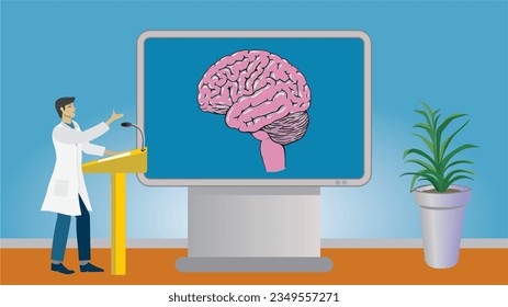 Man in lecture about brain. Dimension 16:9. Vector illustration.