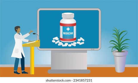 Mann in der Vorlesung über Medizin. Großer moderner Präsentationsbildschirm mit einer Flasche Tablette und unterschiedlicher Herstellung von Pillen. Dimension 16:9. Vektorgrafik.