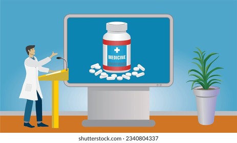 Man in lecture about medication, pharmacy, drug effects. Dimension 16:9. Vector illustration.